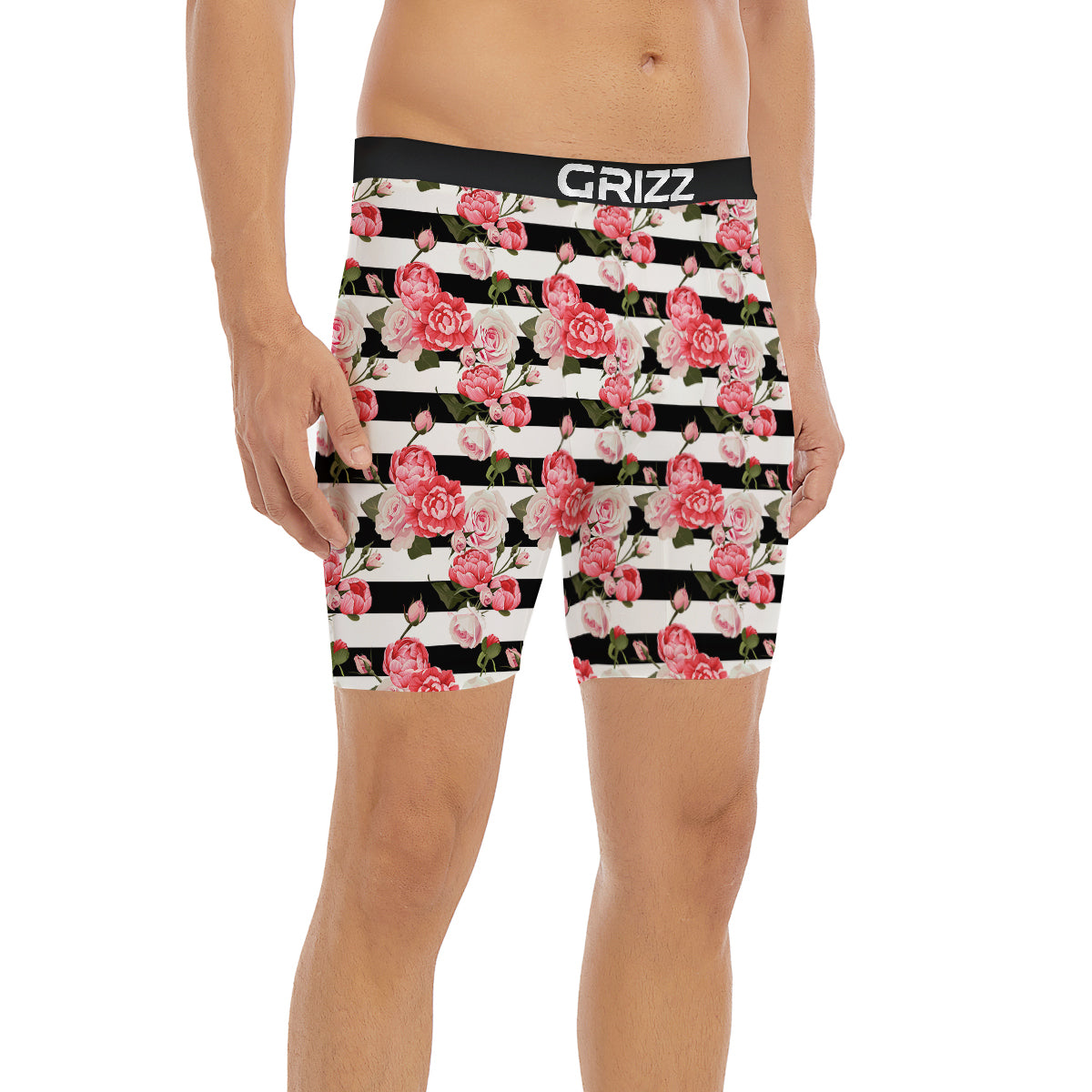 Stripes Peony And Roses Print Pattern Boxer Briefs-grizzshop