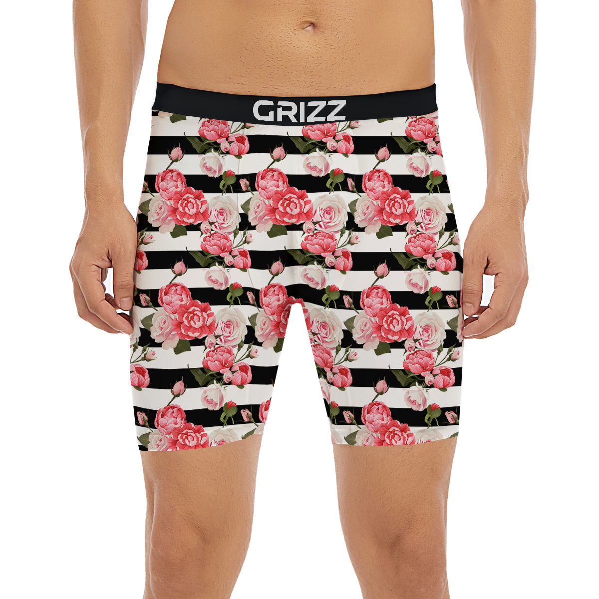 Stripes Peony And Roses Print Pattern Boxer Briefs-grizzshop