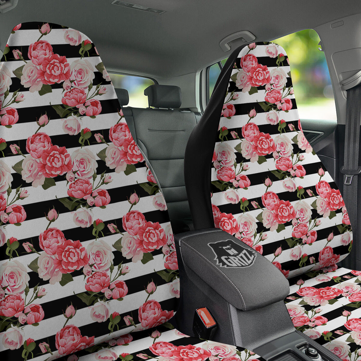 Stripes Peony And Roses Print Pattern Car Seat Covers-grizzshop