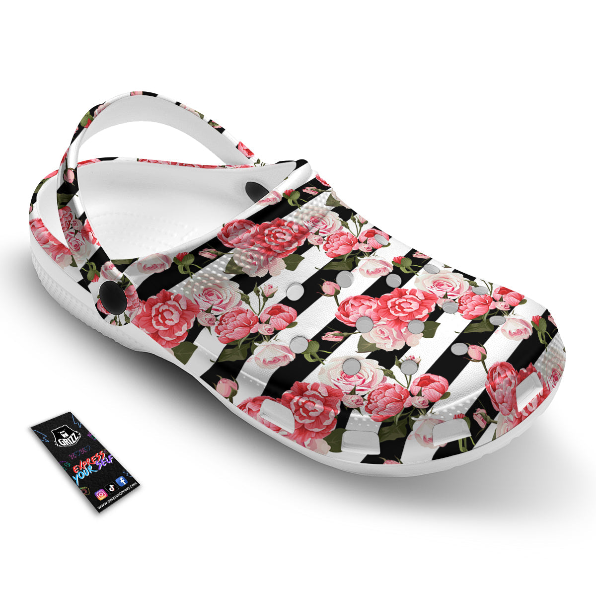 Stripes Peony And Roses Print Pattern Clog-grizzshop