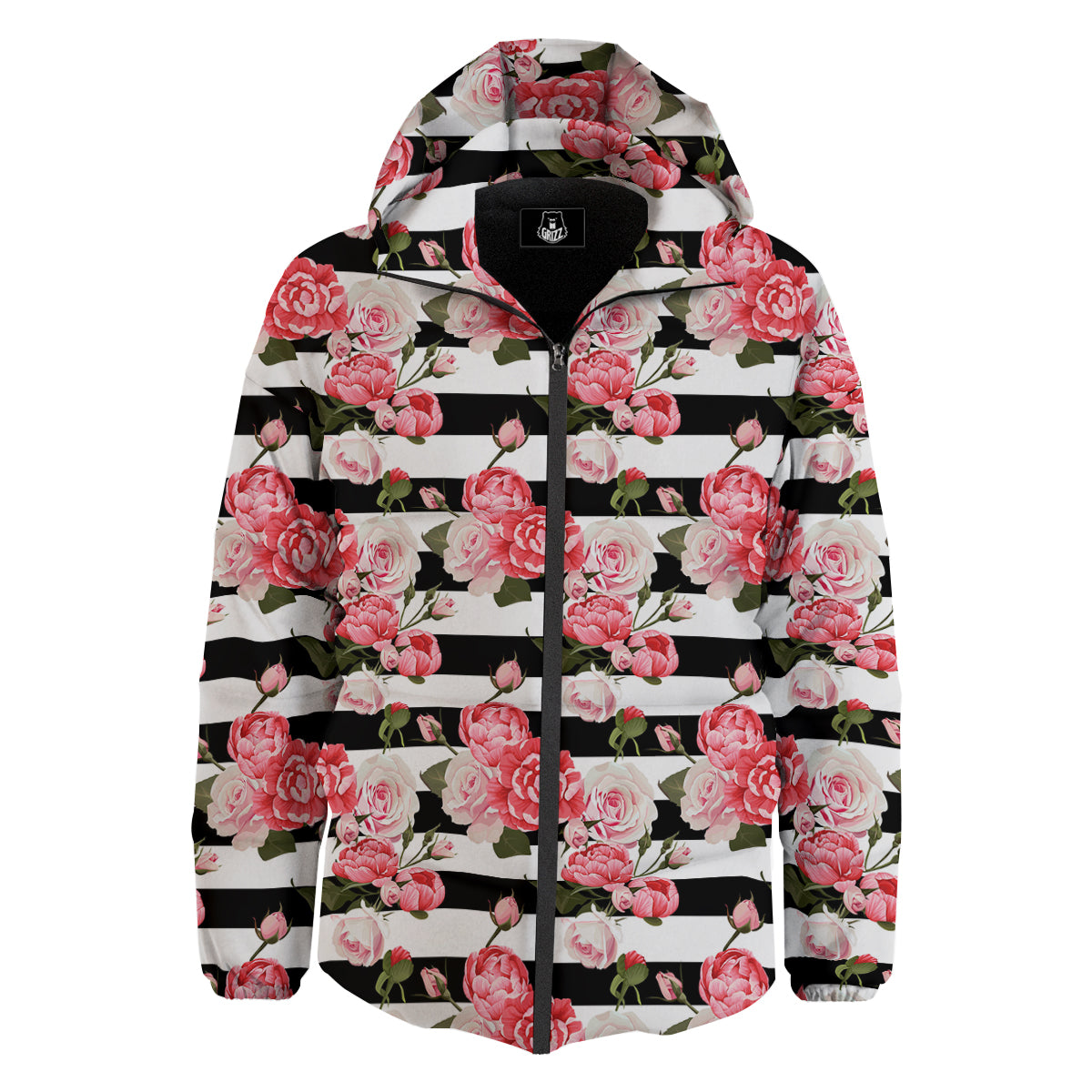 Stripes Peony And Roses Print Pattern Down Jacket-grizzshop