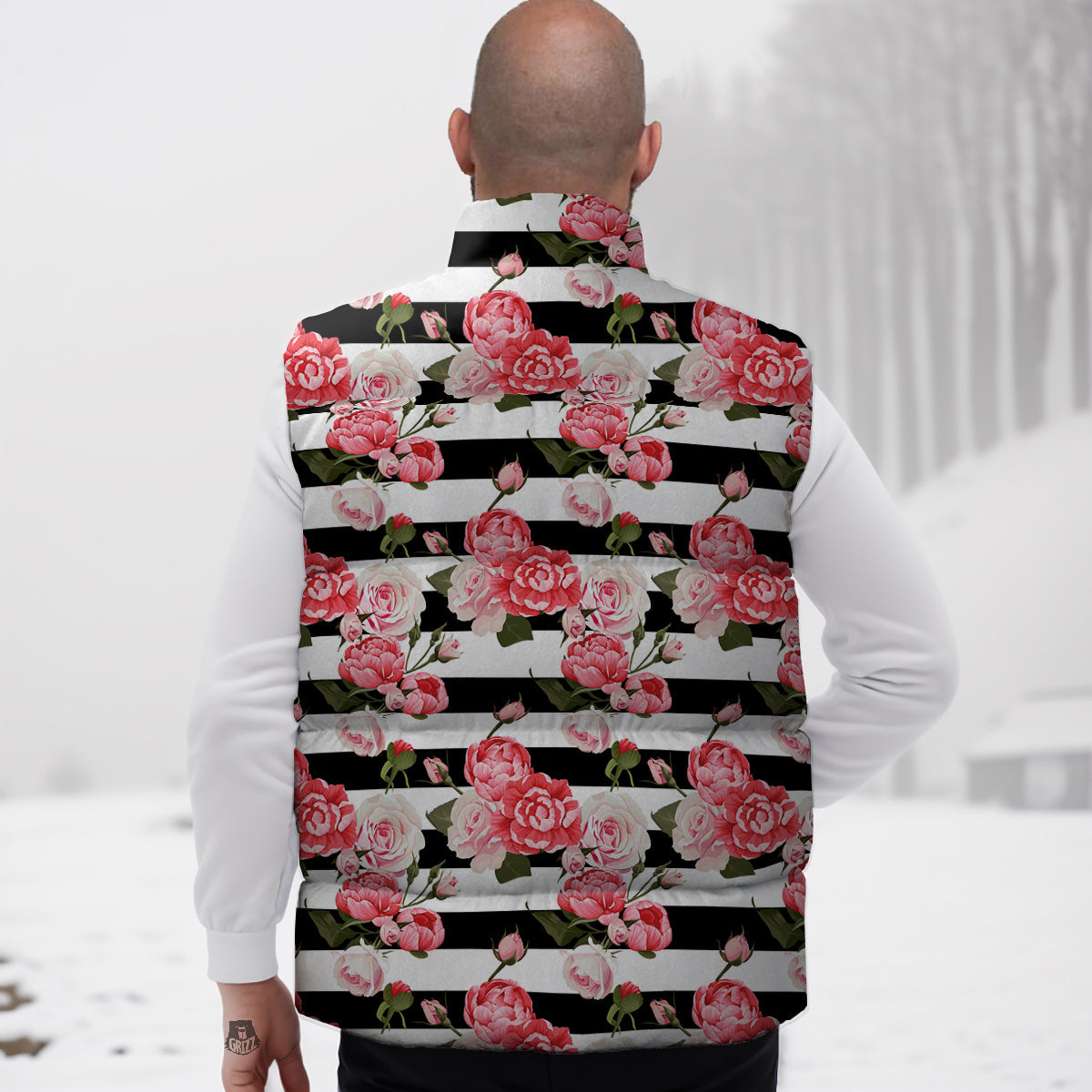 Stripes Peony And Roses Print Pattern Down Vest