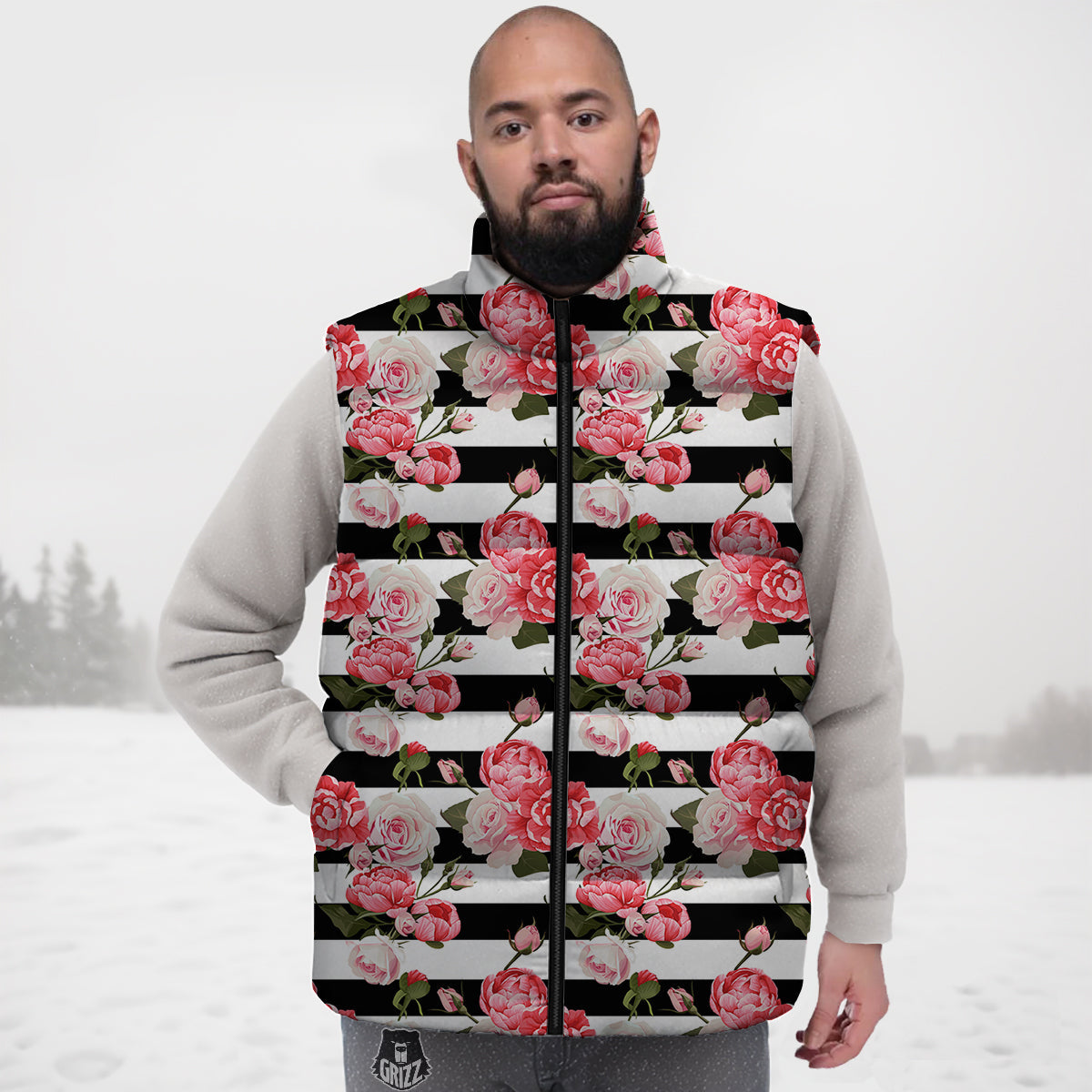 Stripes Peony And Roses Print Pattern Down Vest
