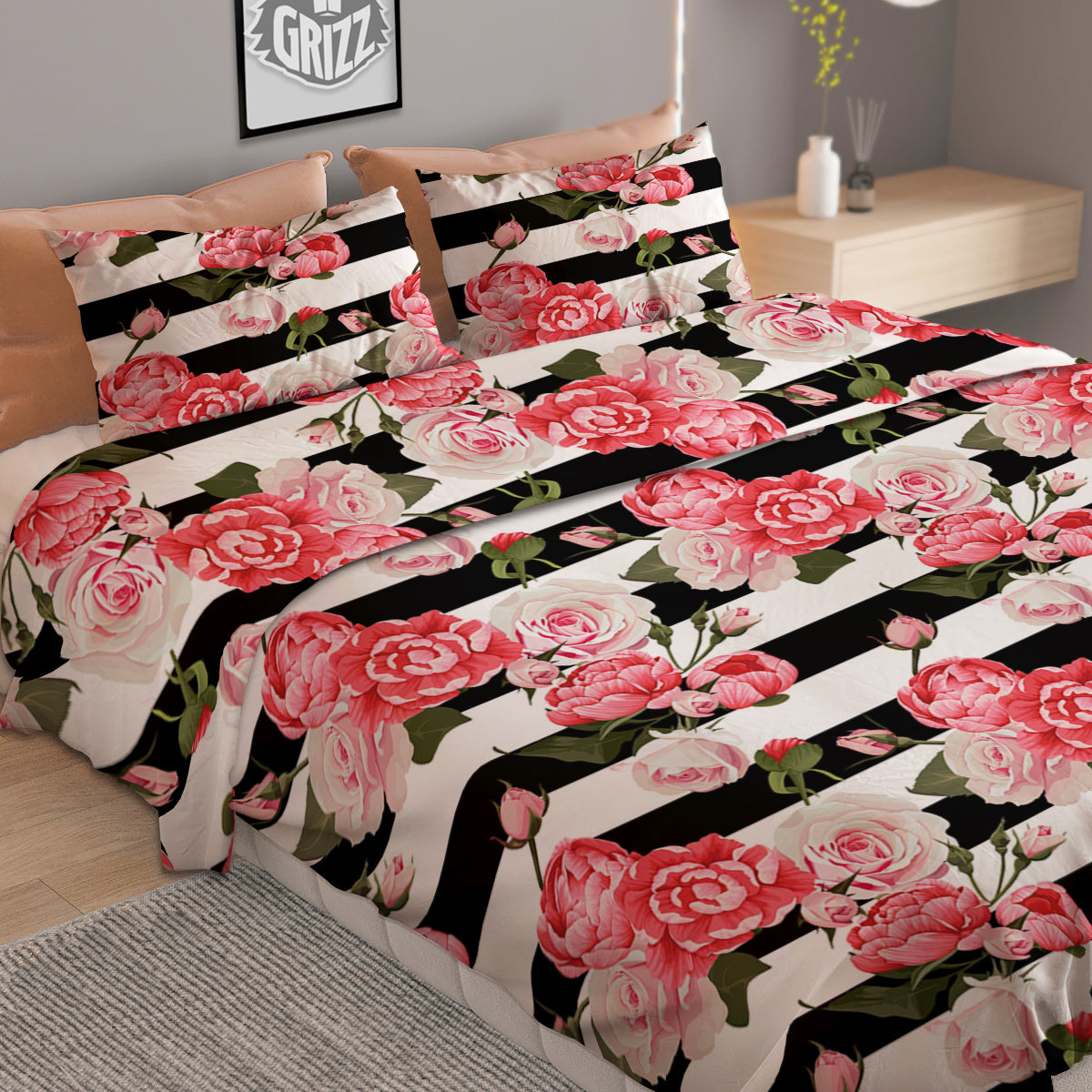 Stripes Peony And Roses Print Pattern Duvet Cover Bedding Set