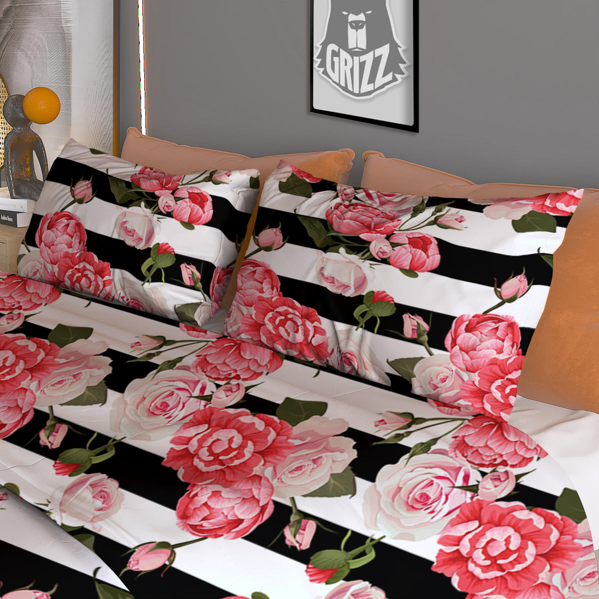Stripes Peony And Roses Print Pattern Duvet Cover Bedding Set