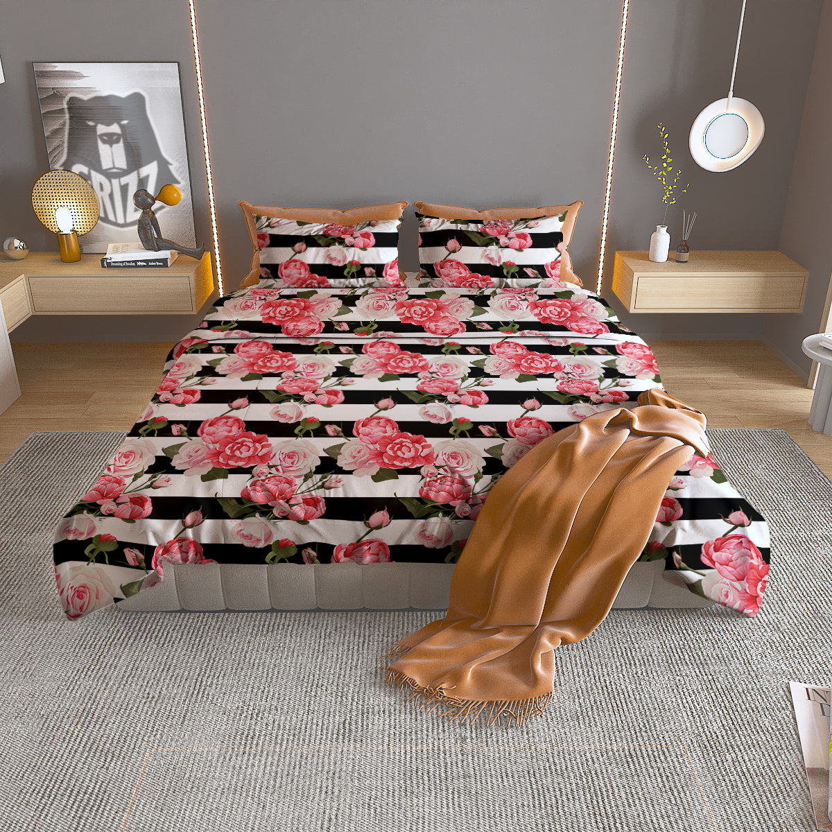 Stripes Peony And Roses Print Pattern Duvet Cover Bedding Set