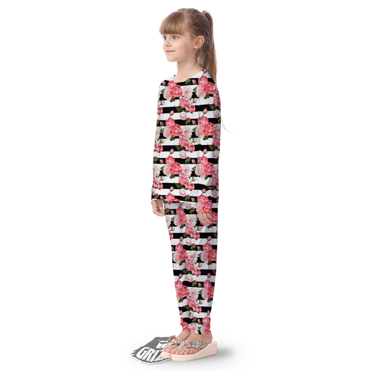 Stripes Peony And Roses Print Pattern Kid's Pajamas-grizzshop