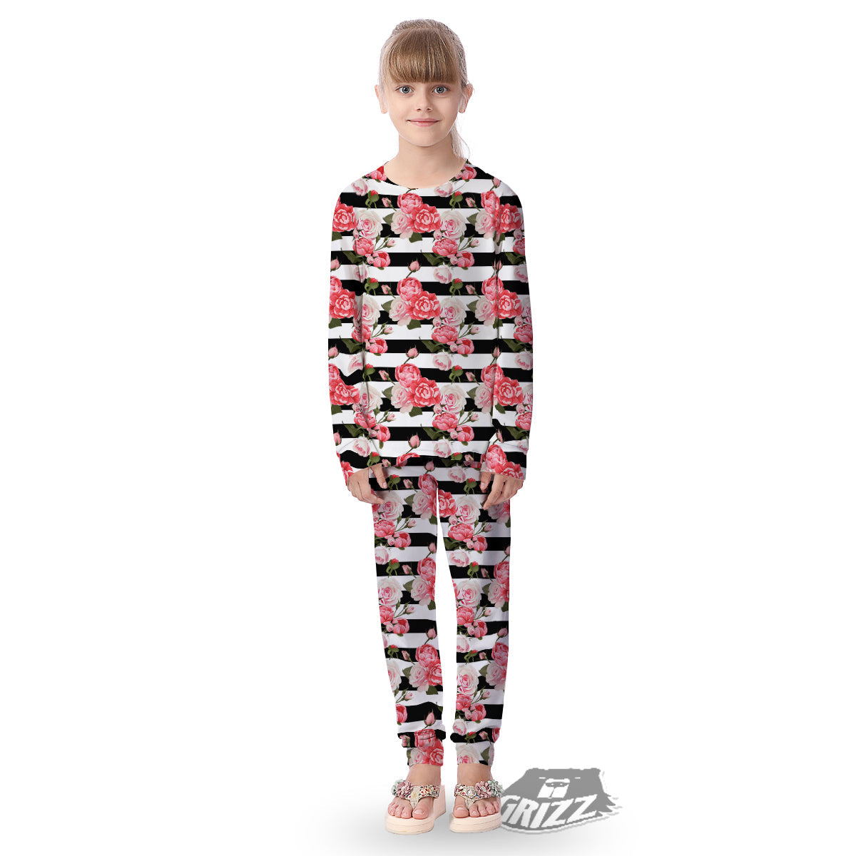 Stripes Peony And Roses Print Pattern Kid's Pajamas-grizzshop