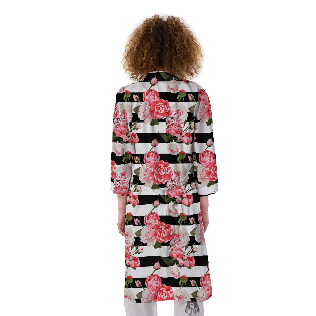 Stripes Peony And Roses Print Pattern Kimono-grizzshop