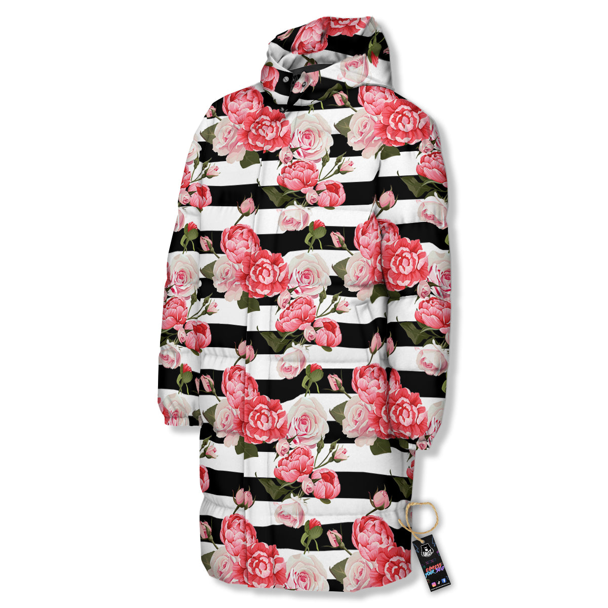 Stripes Peony And Roses Print Pattern Long Down Jacket-grizzshop
