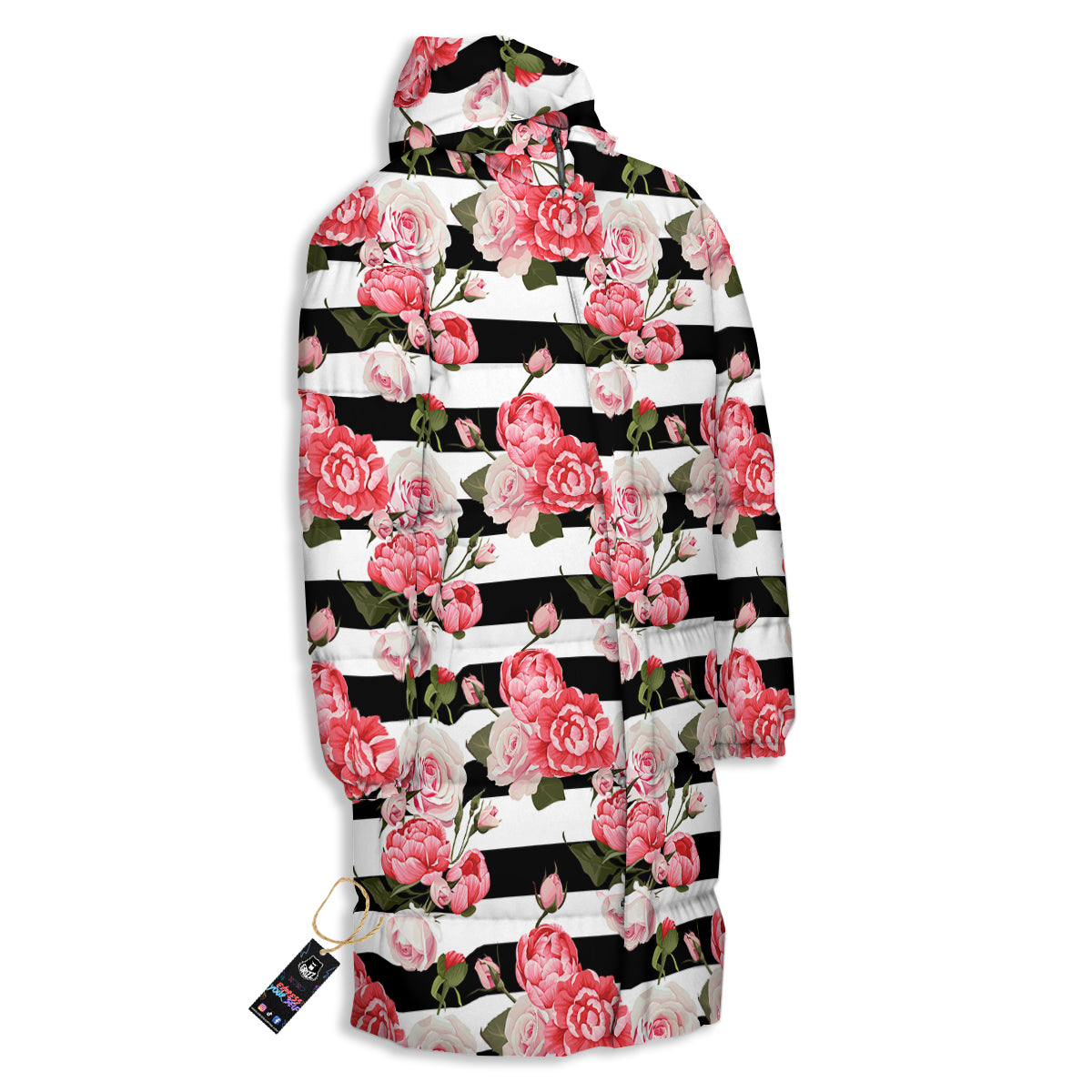 Stripes Peony And Roses Print Pattern Long Down Jacket-grizzshop