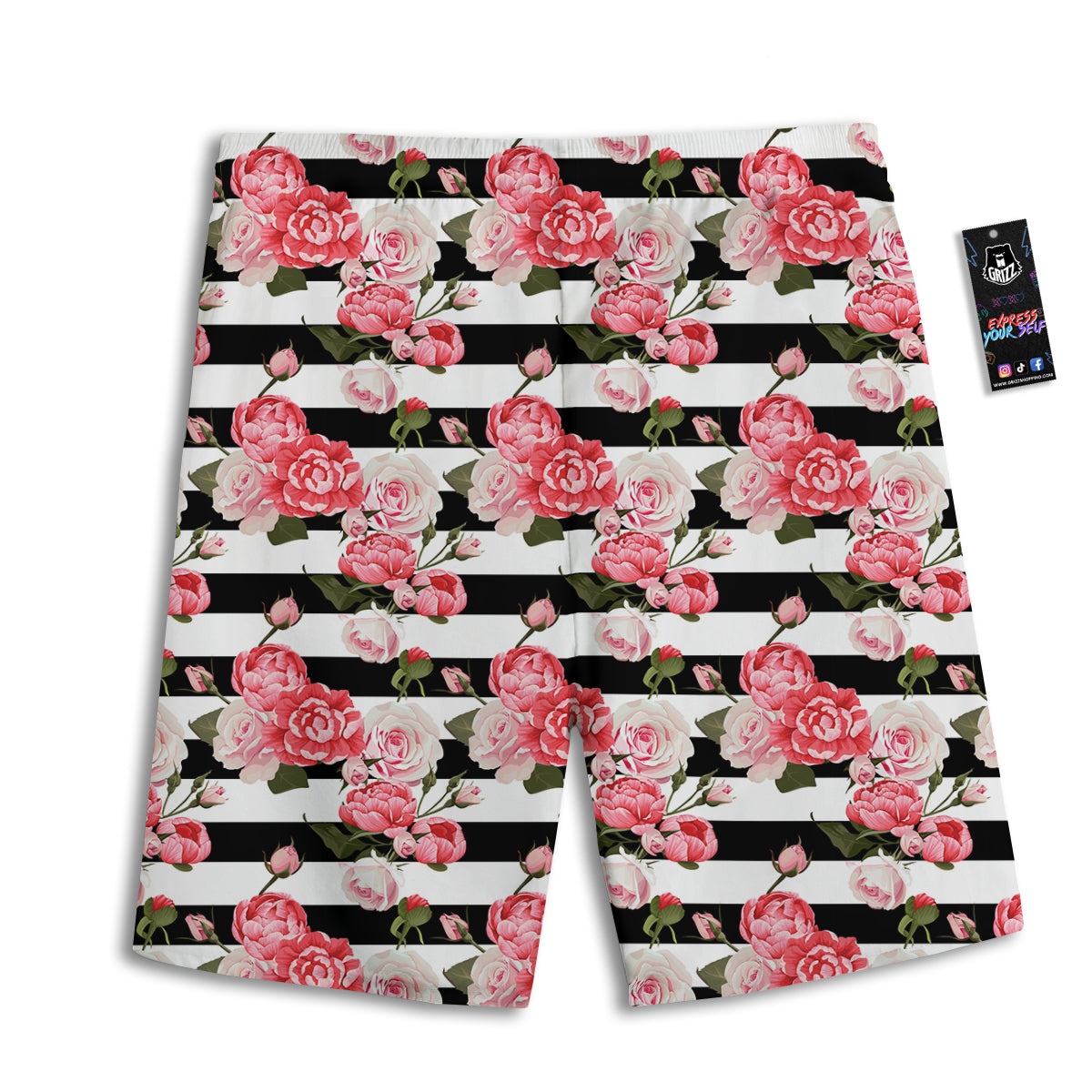 Stripes Peony And Roses Print Pattern Men's Athletic Shorts