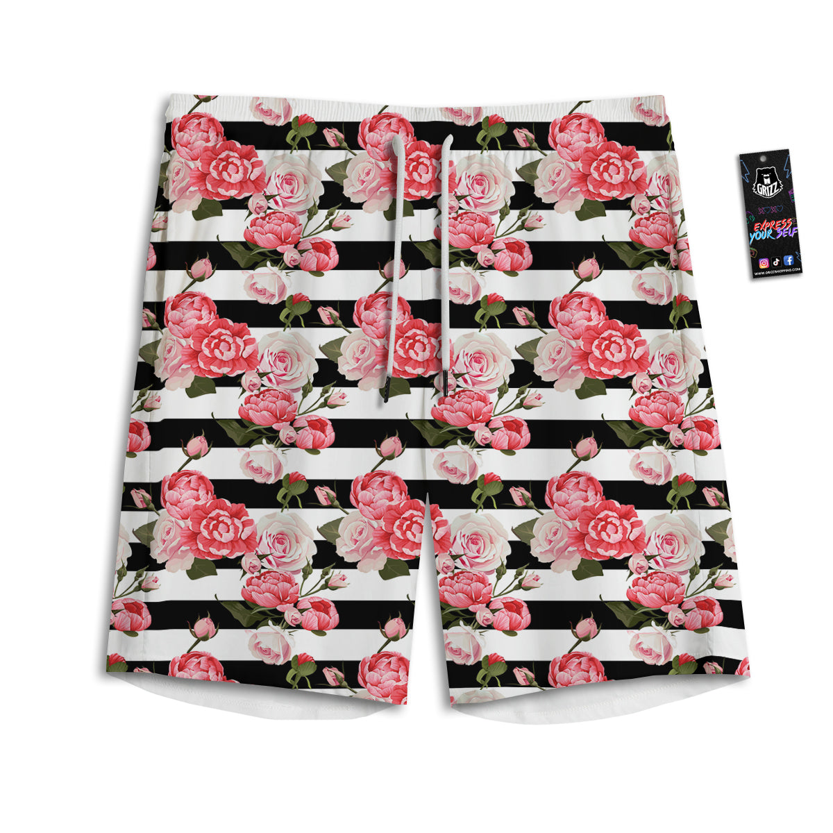 Stripes Peony And Roses Print Pattern Men's Athletic Shorts