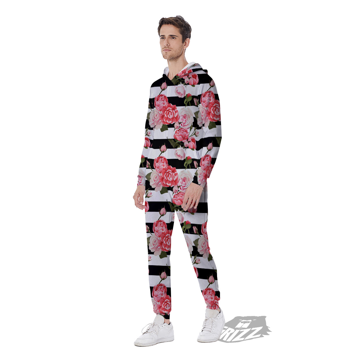 Stripes Peony And Roses Print Pattern Men's Jumpsuit-grizzshop