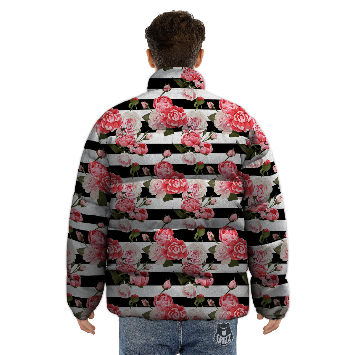 Stripes Peony And Roses Print Pattern Puffer Jacket-grizzshop