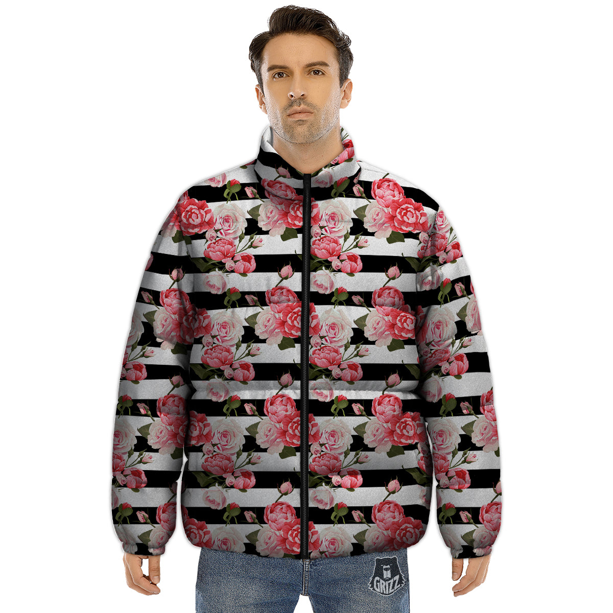 Stripes Peony And Roses Print Pattern Puffer Jacket-grizzshop