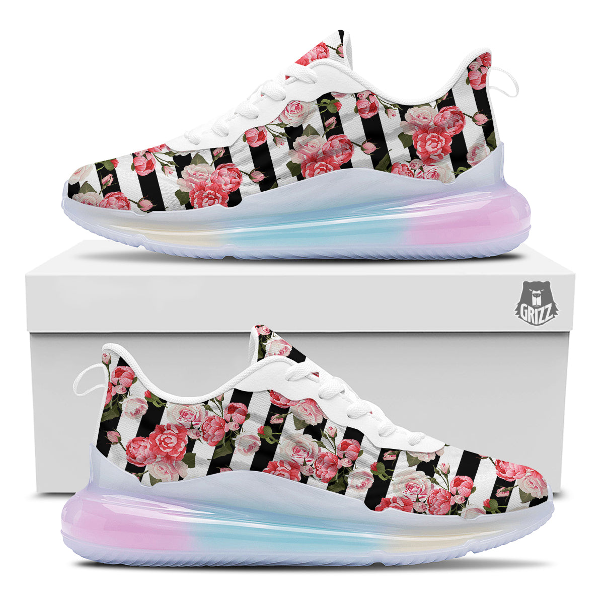 Stripes Peony And Roses Print Pattern Running Sneakers-grizzshop
