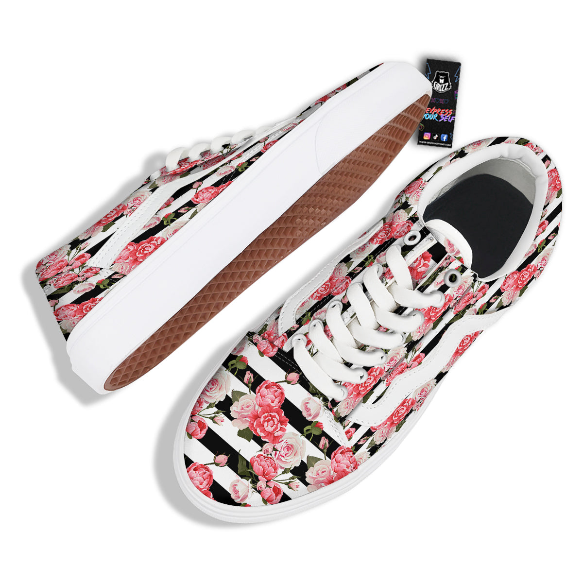 Stripes Peony And Roses Print Pattern Skate Shoes-grizzshop