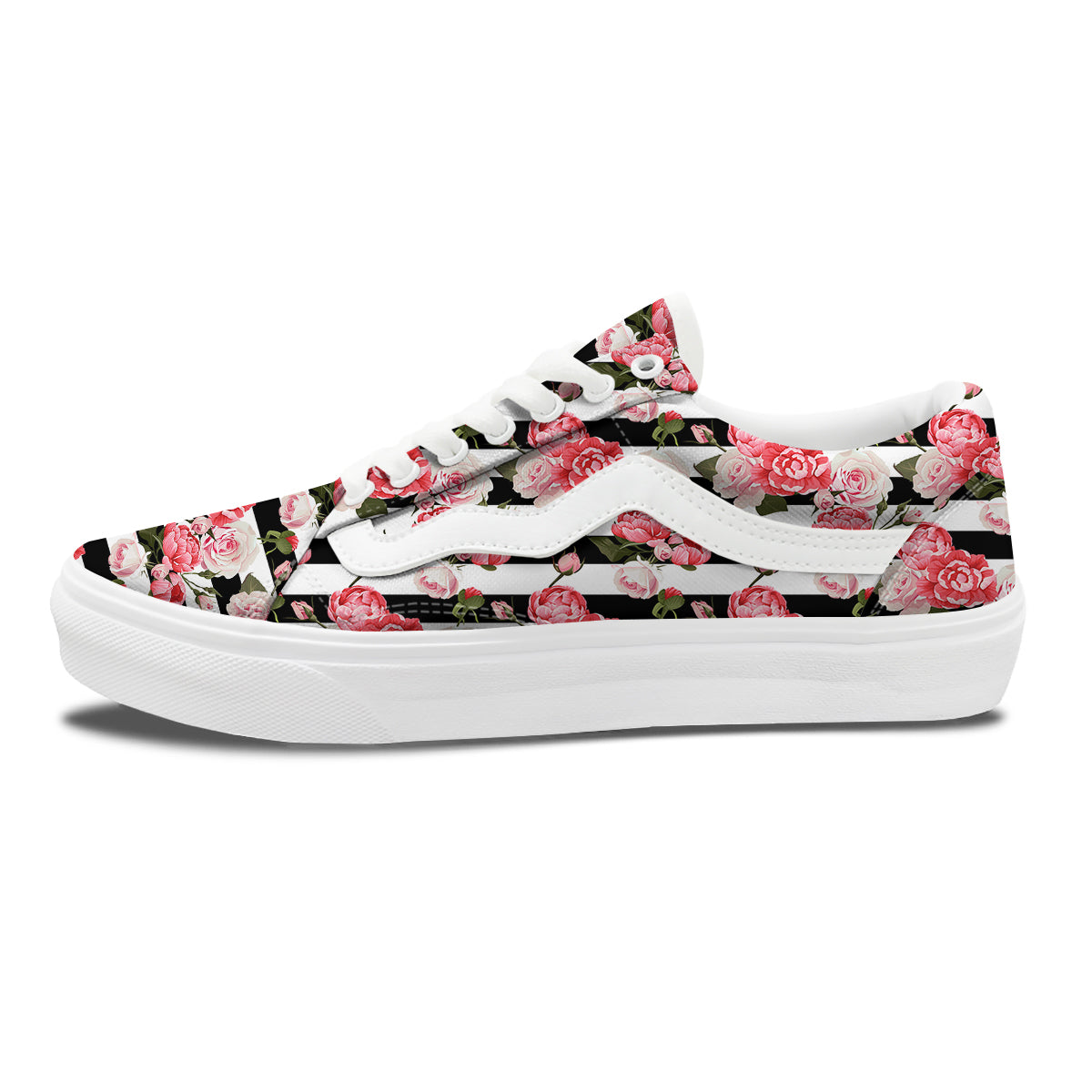 Stripes Peony And Roses Print Pattern Skate Shoes-grizzshop