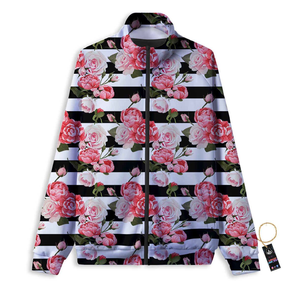 Stripes Peony And Roses Print Pattern Track Jacket-grizzshop