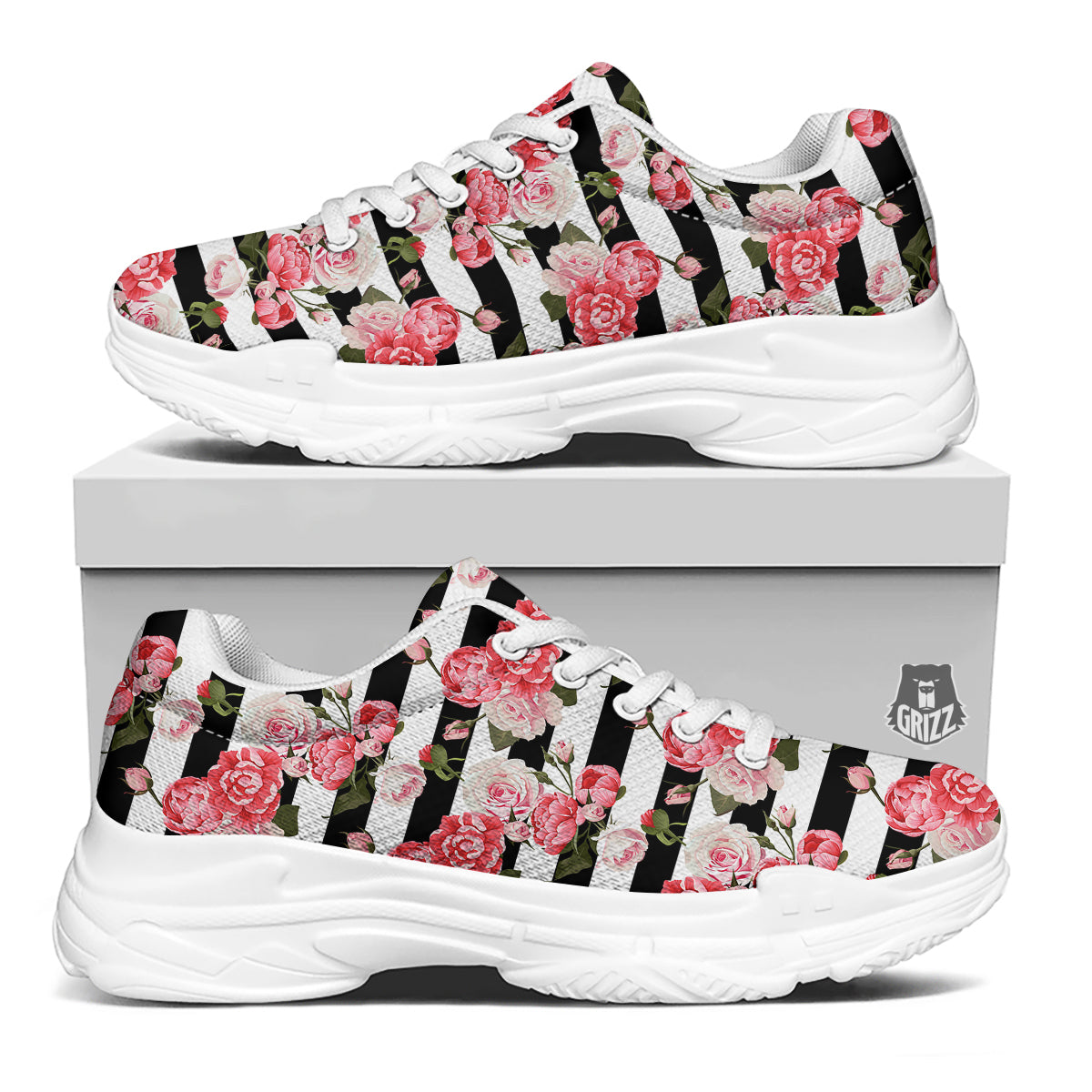 Stripes Peony And Roses Print Pattern White Chunky Shoes-grizzshop