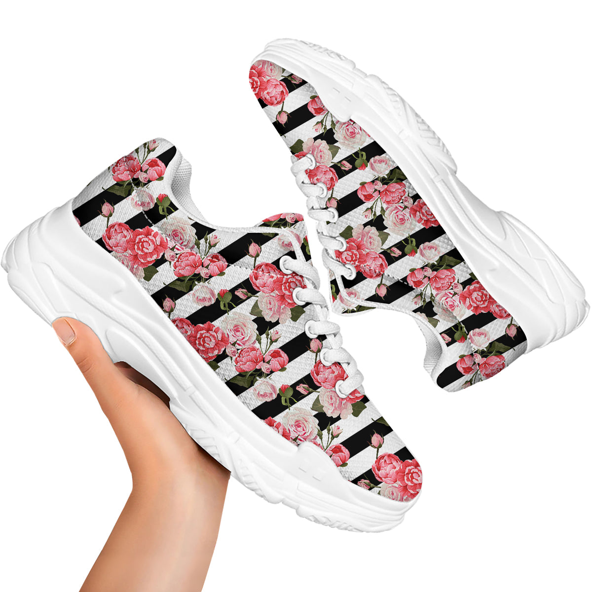 Stripes Peony And Roses Print Pattern White Chunky Shoes-grizzshop