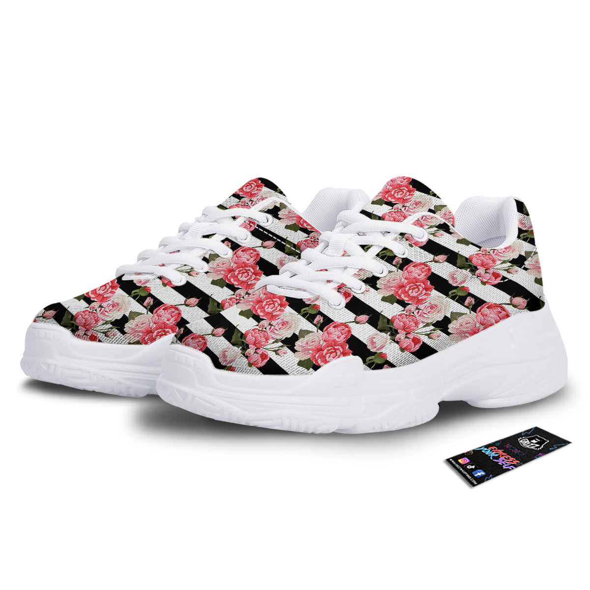 Stripes Peony And Roses Print Pattern White Chunky Shoes-grizzshop