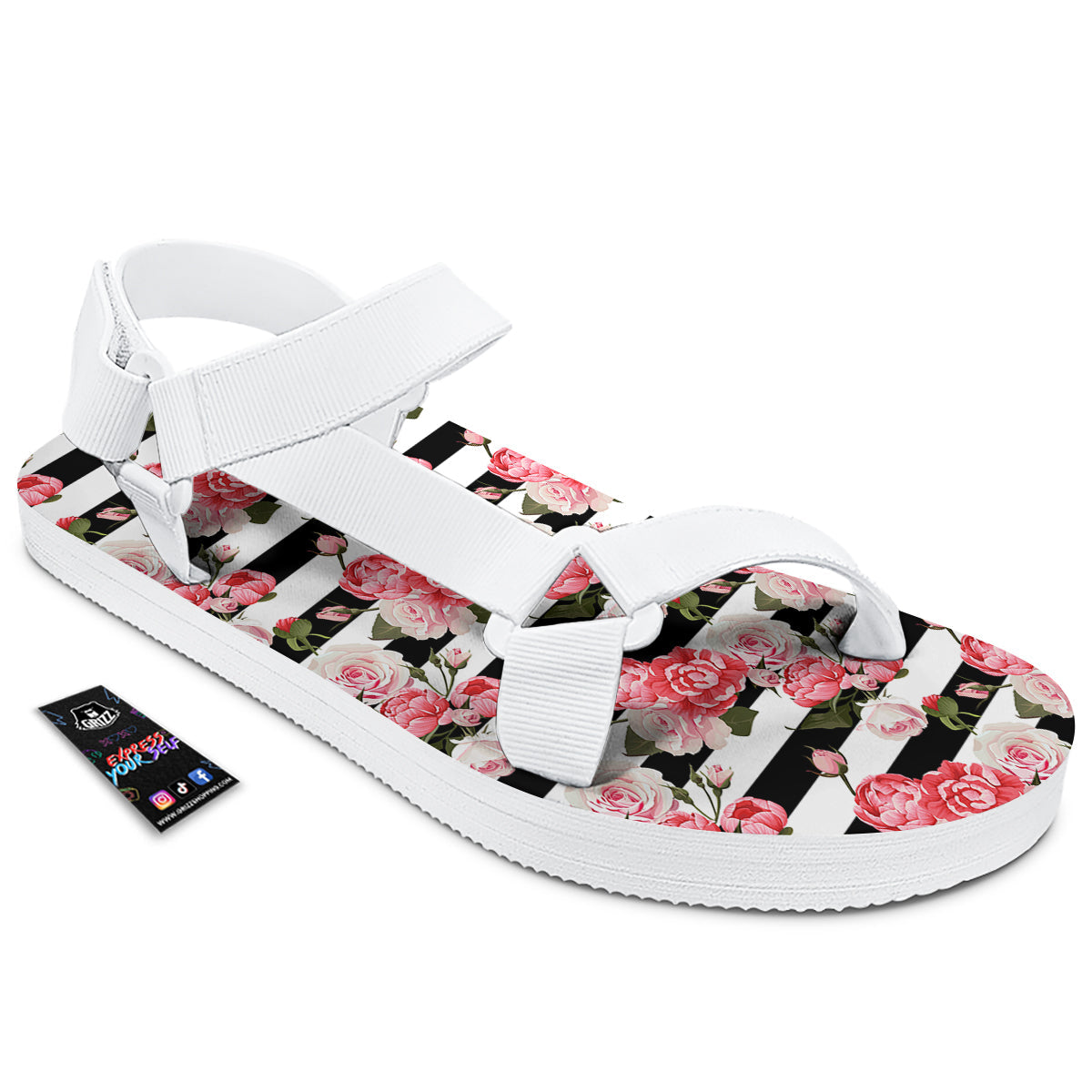 Stripes Peony And Roses Print Pattern White Open Toe Sandals-grizzshop