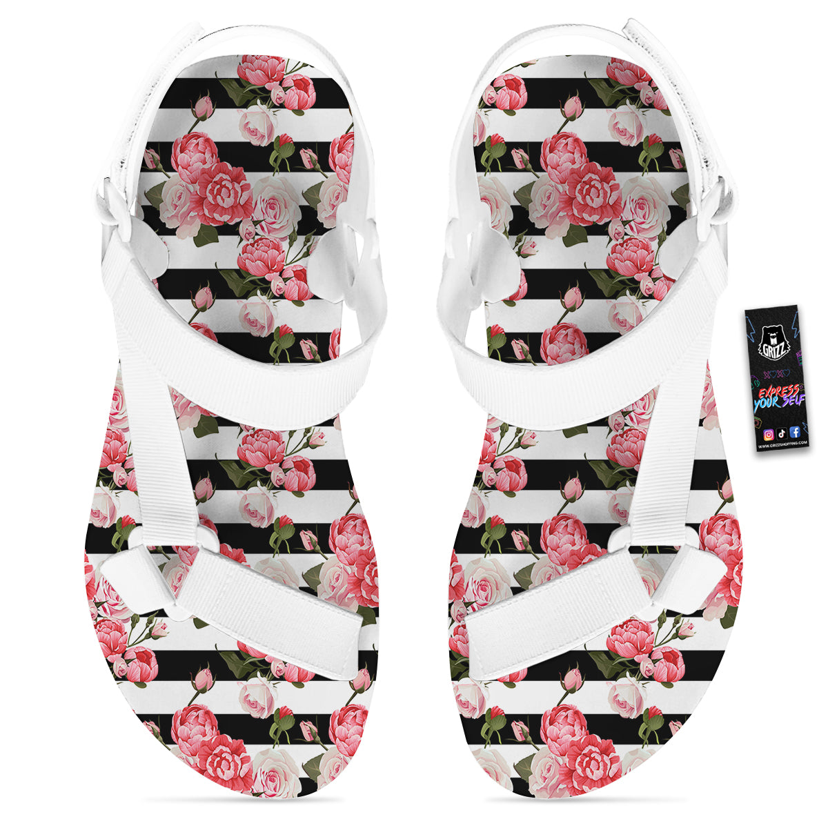 Stripes Peony And Roses Print Pattern White Open Toe Sandals-grizzshop