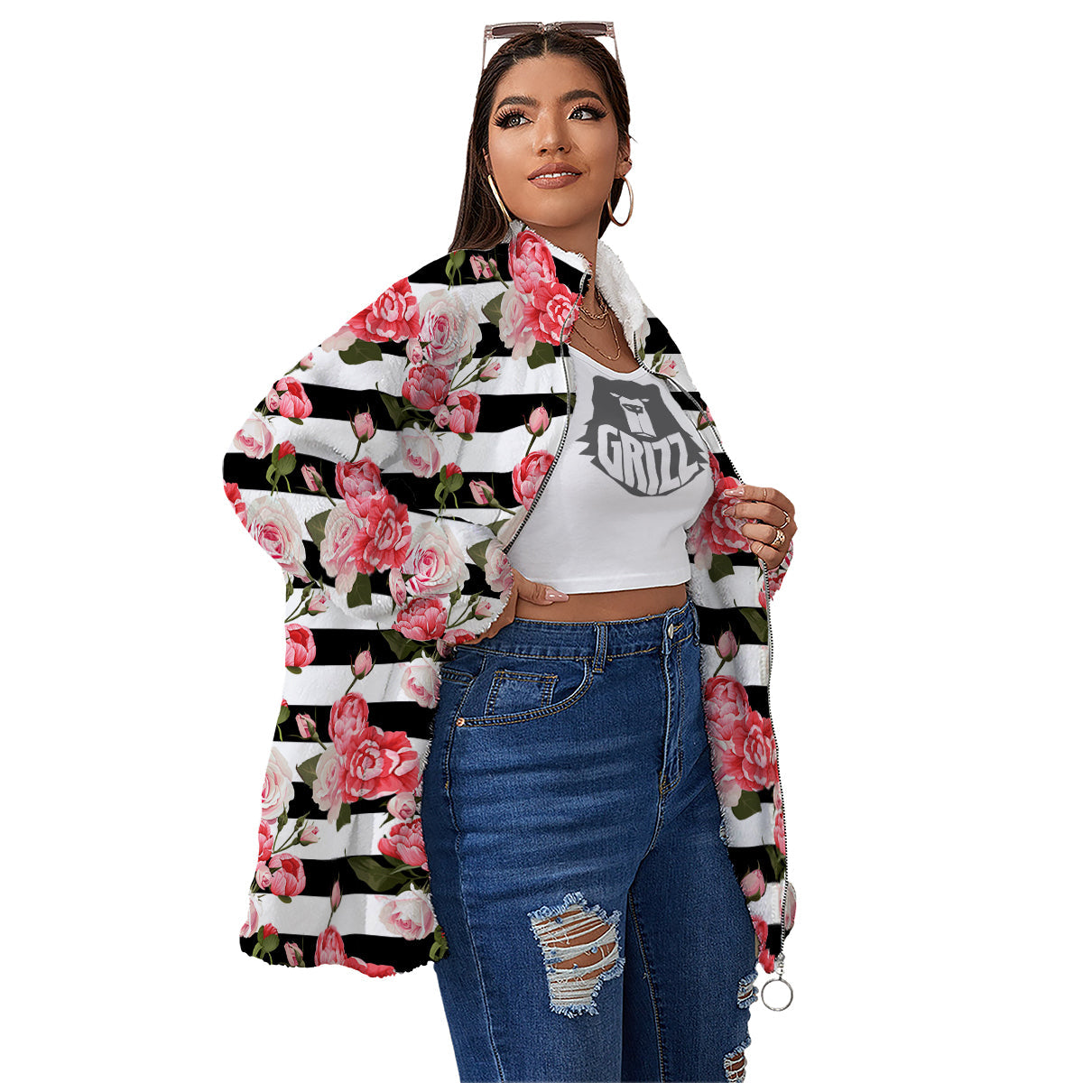 Stripes Peony And Roses Print Pattern Women's Sherpa Jacket-grizzshop