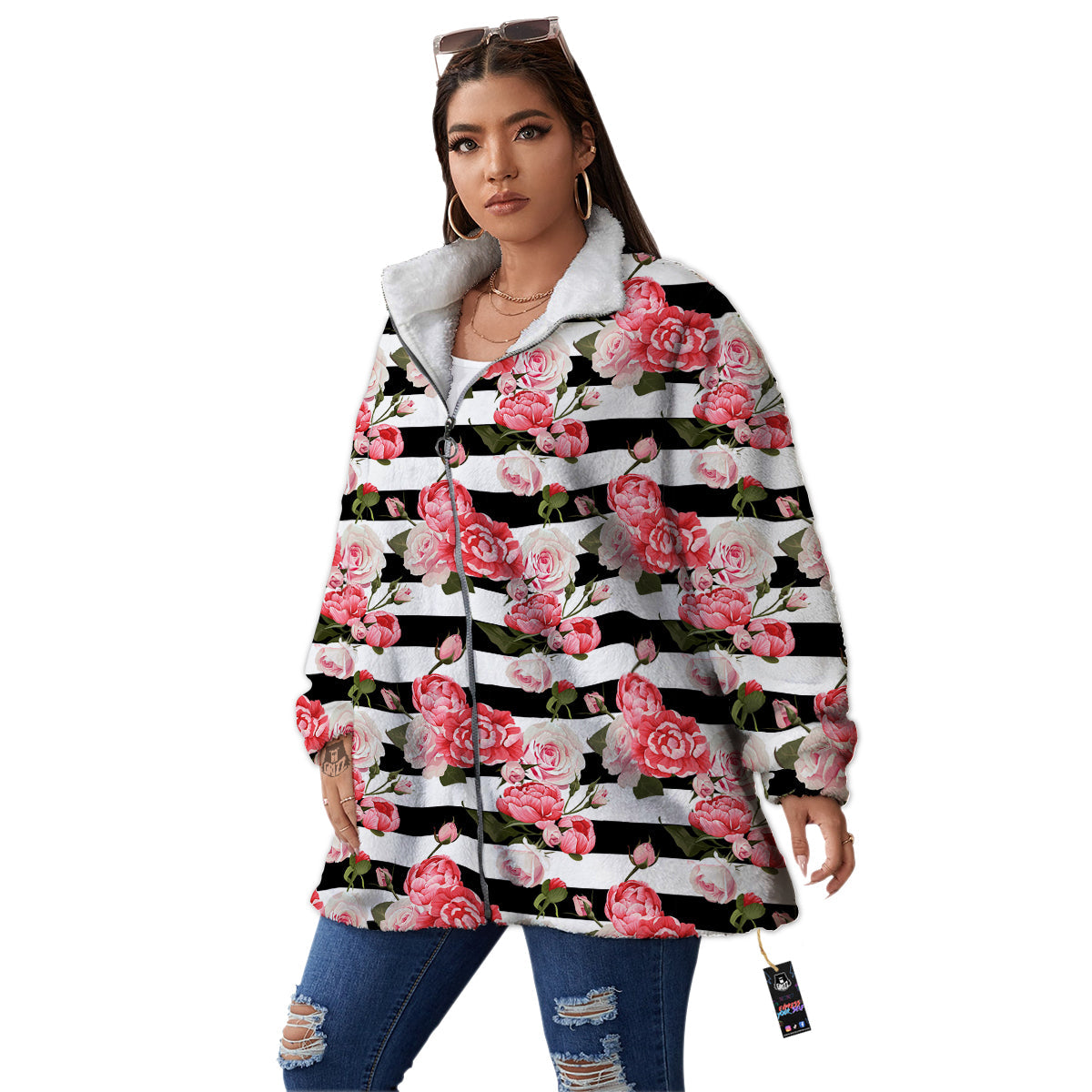 Stripes Peony And Roses Print Pattern Women's Sherpa Jacket-grizzshop