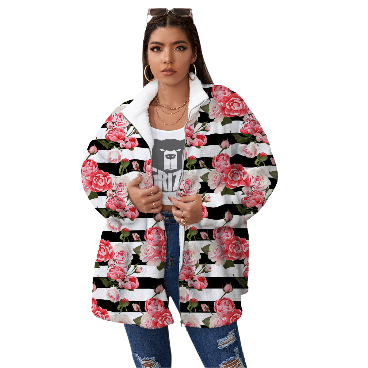 Stripes Peony And Roses Print Pattern Women's Sherpa Jacket-grizzshop