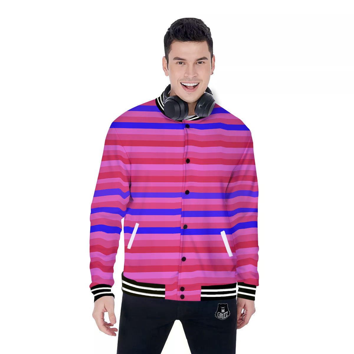 Stripes Pink Red And Blue Print Baseball Jacket-grizzshop