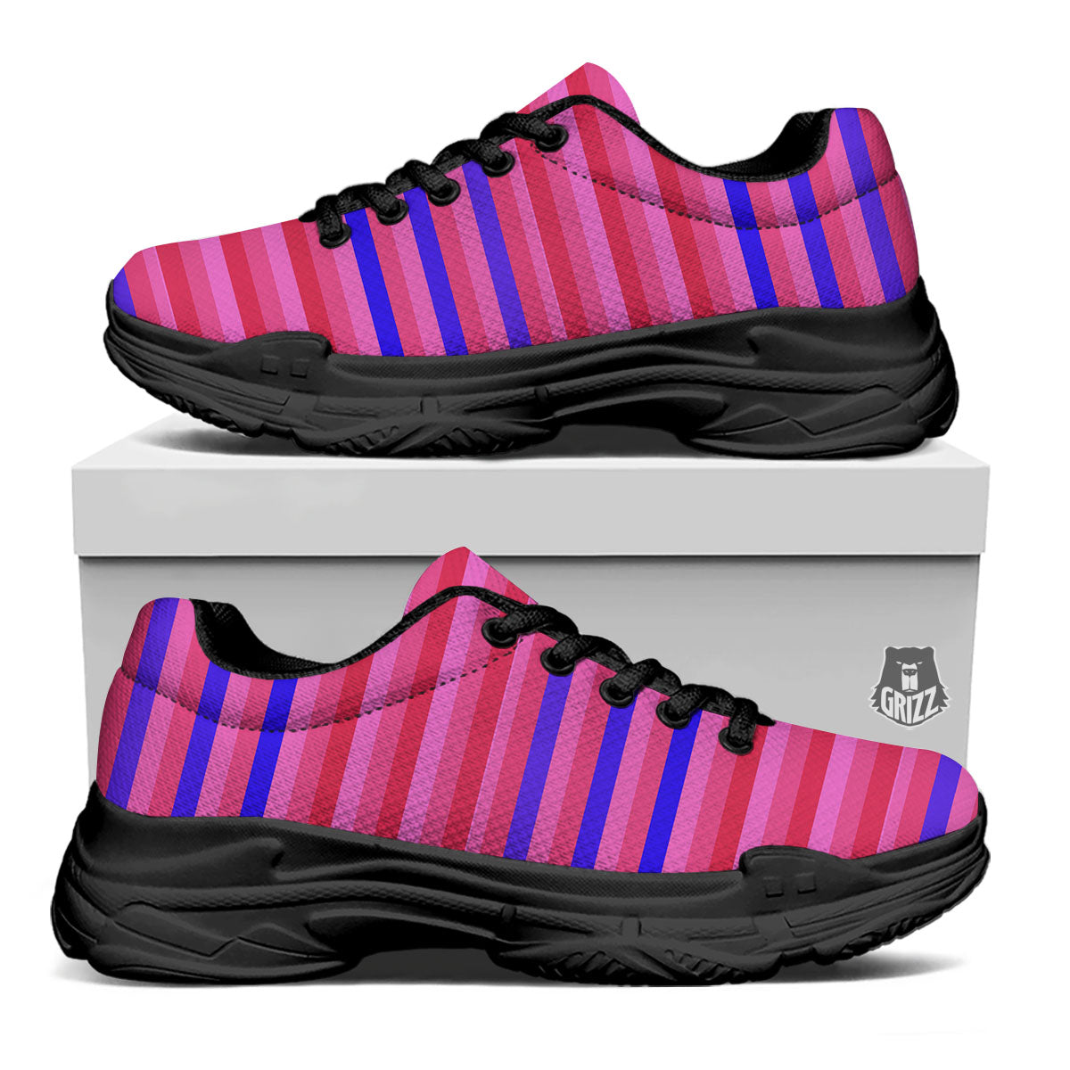Stripes Pink Red And Blue Print Black Chunky Shoes-grizzshop