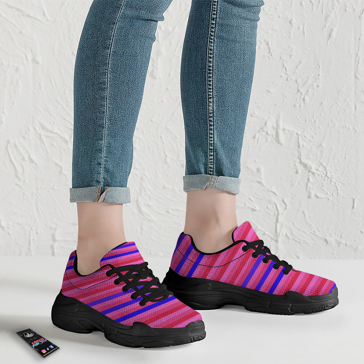 Stripes Pink Red And Blue Print Black Chunky Shoes-grizzshop