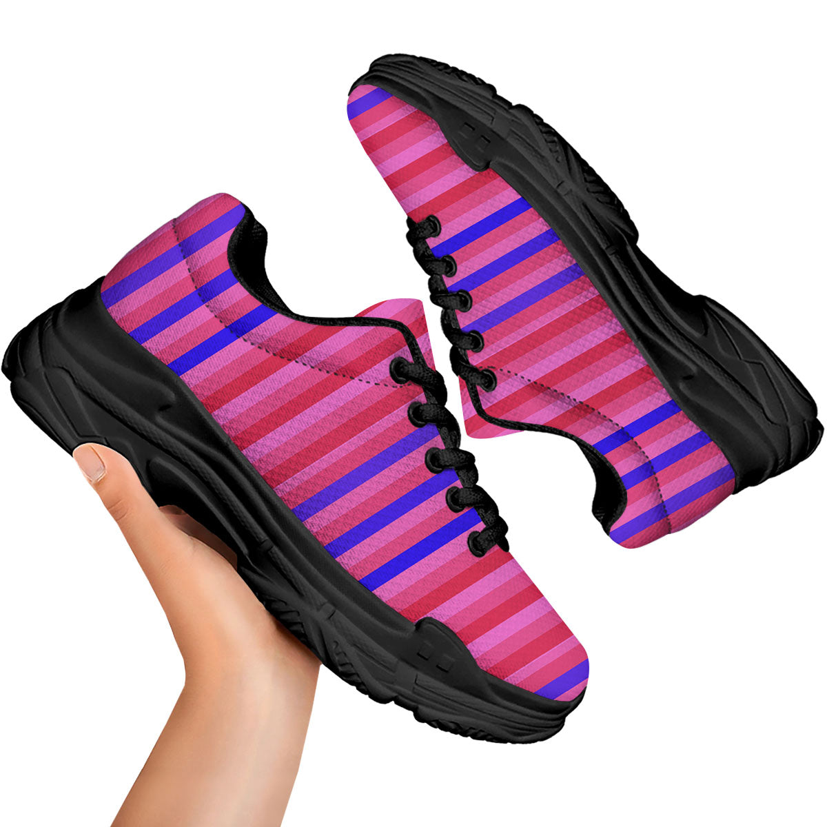 Stripes Pink Red And Blue Print Black Chunky Shoes-grizzshop