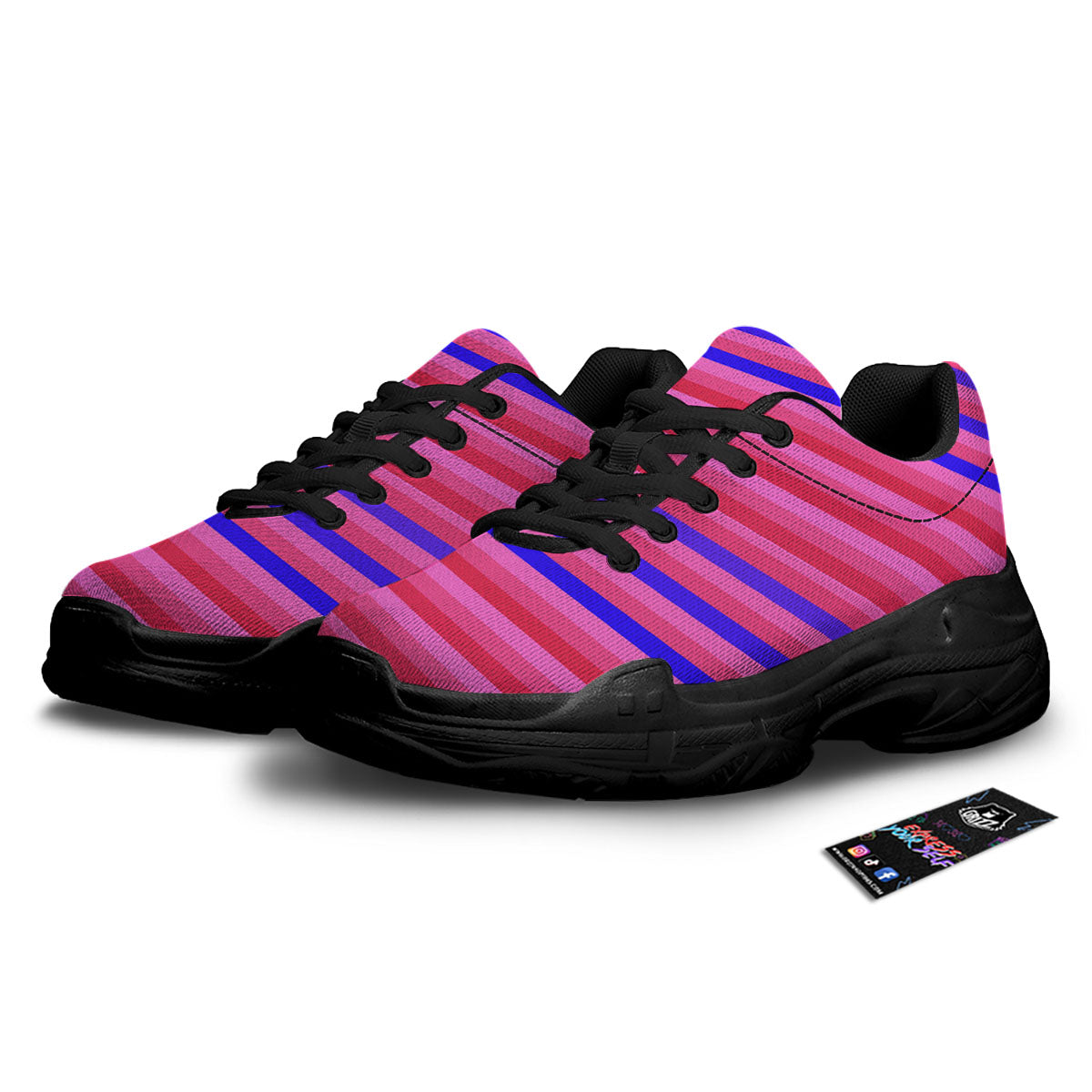 Stripes Pink Red And Blue Print Black Chunky Shoes-grizzshop