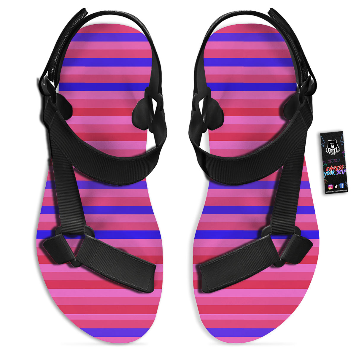 Stripes Pink Red And Blue Print Black Open Toe Sandals-grizzshop