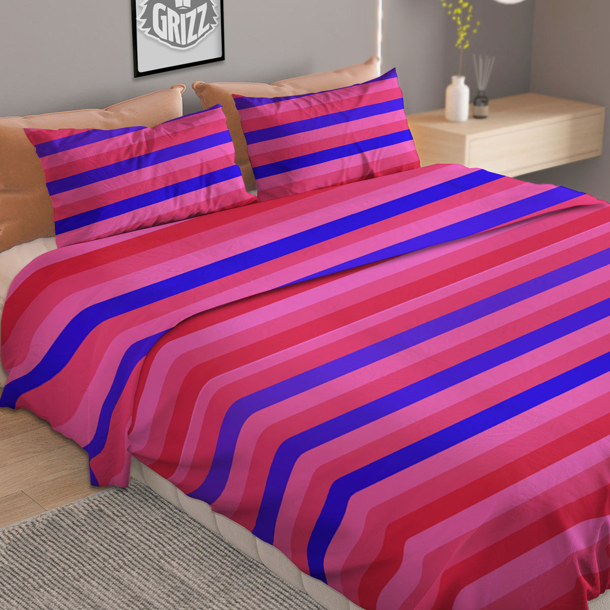 Stripes Pink Red And Blue Print Duvet Cover Bedding Set