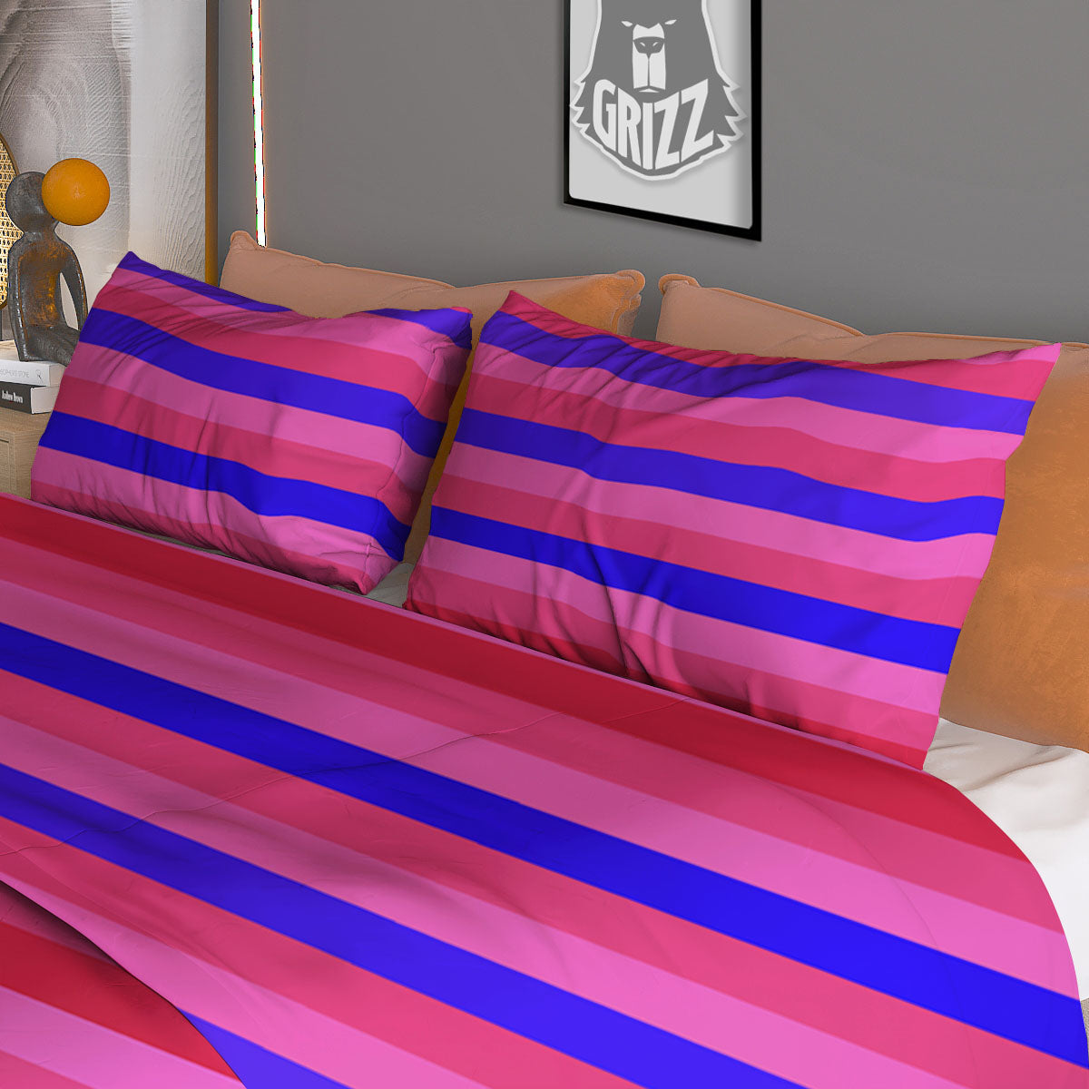 Stripes Pink Red And Blue Print Duvet Cover Bedding Set