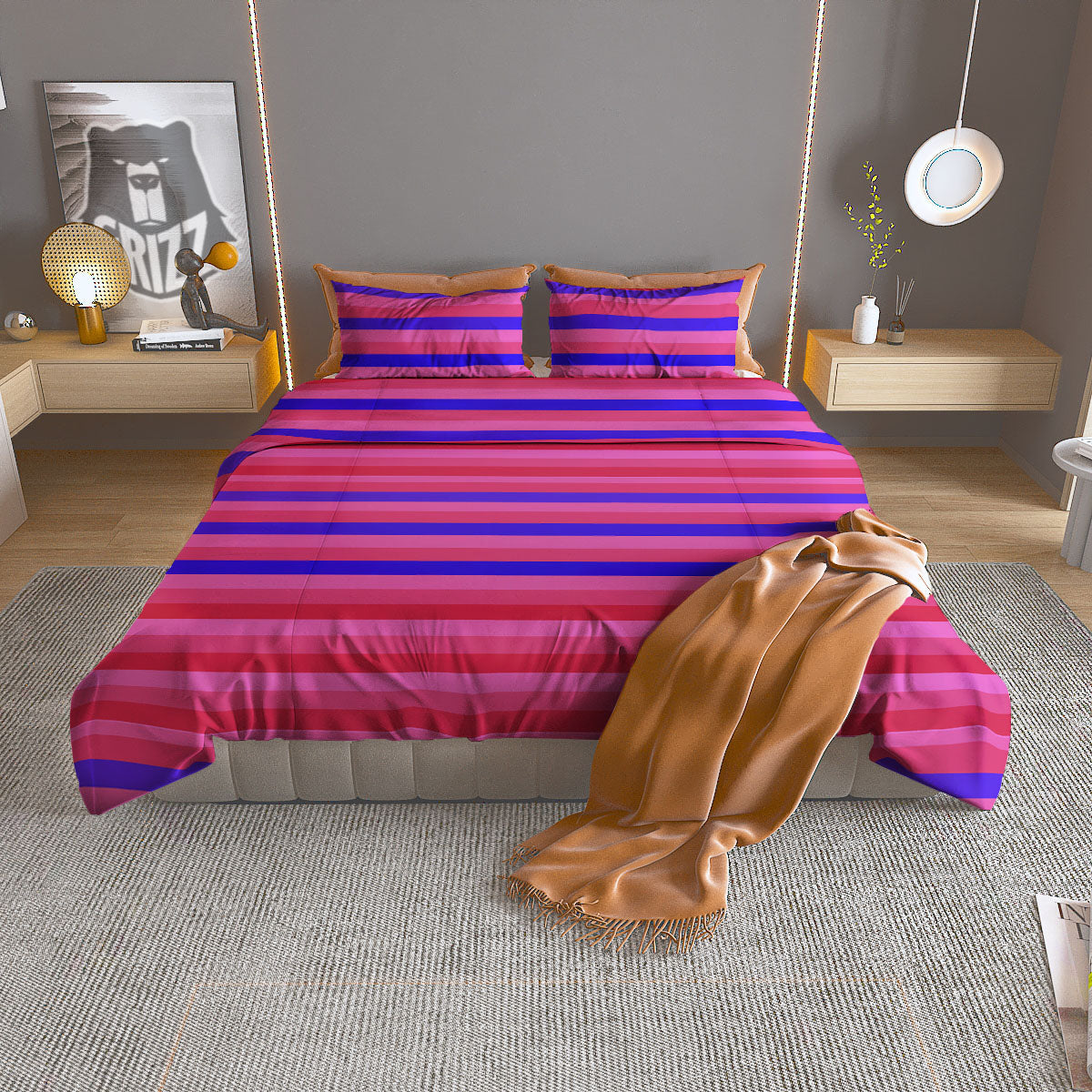 Stripes Pink Red And Blue Print Duvet Cover Bedding Set