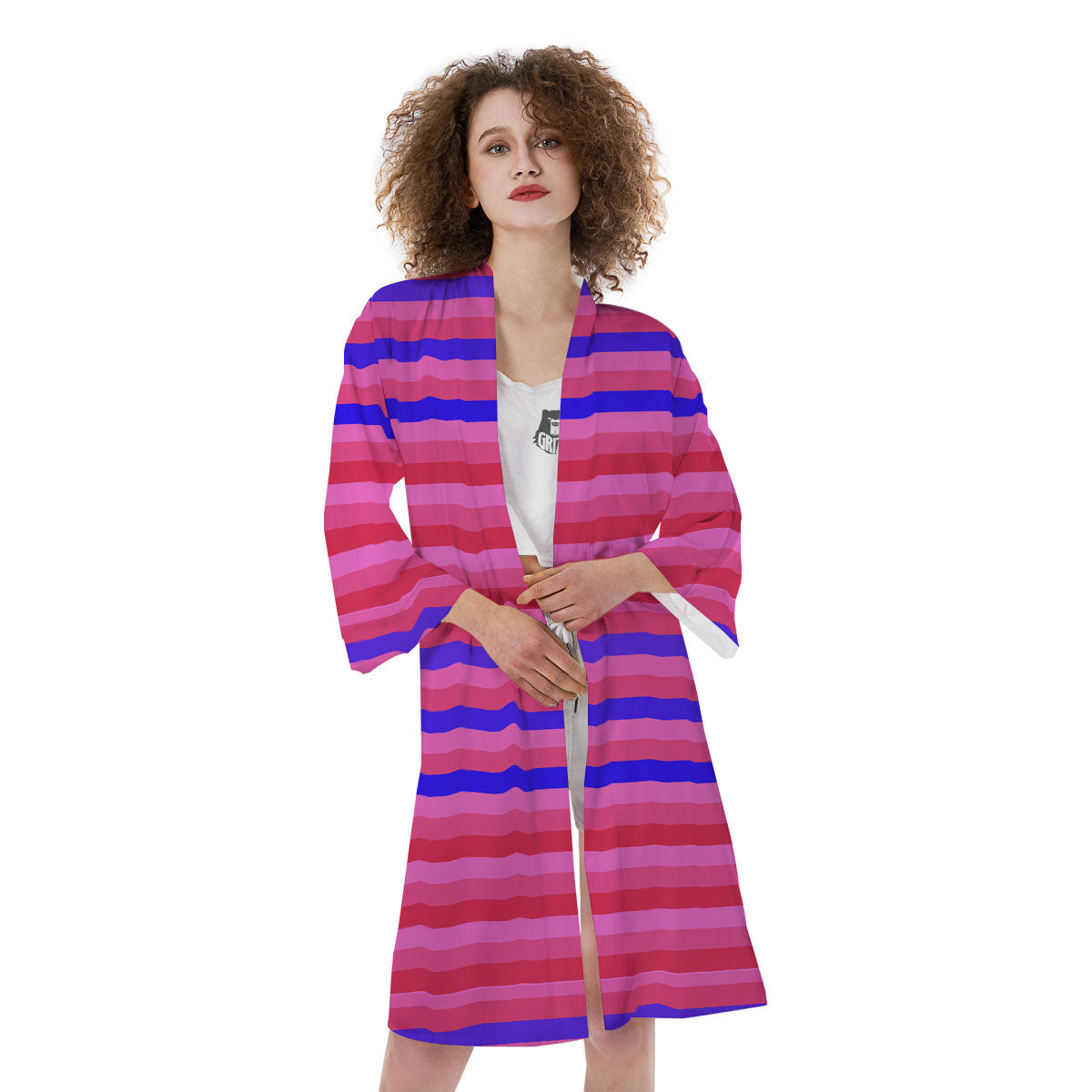 Stripes Pink Red And Blue Print Kimono-grizzshop