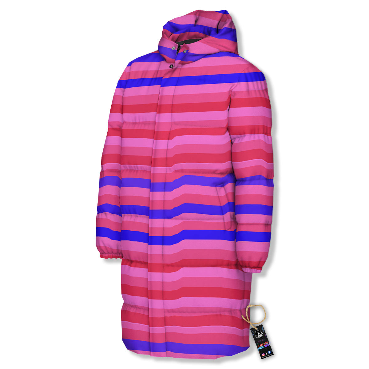 Stripes Pink Red And Blue Print Long Down Jacket-grizzshop