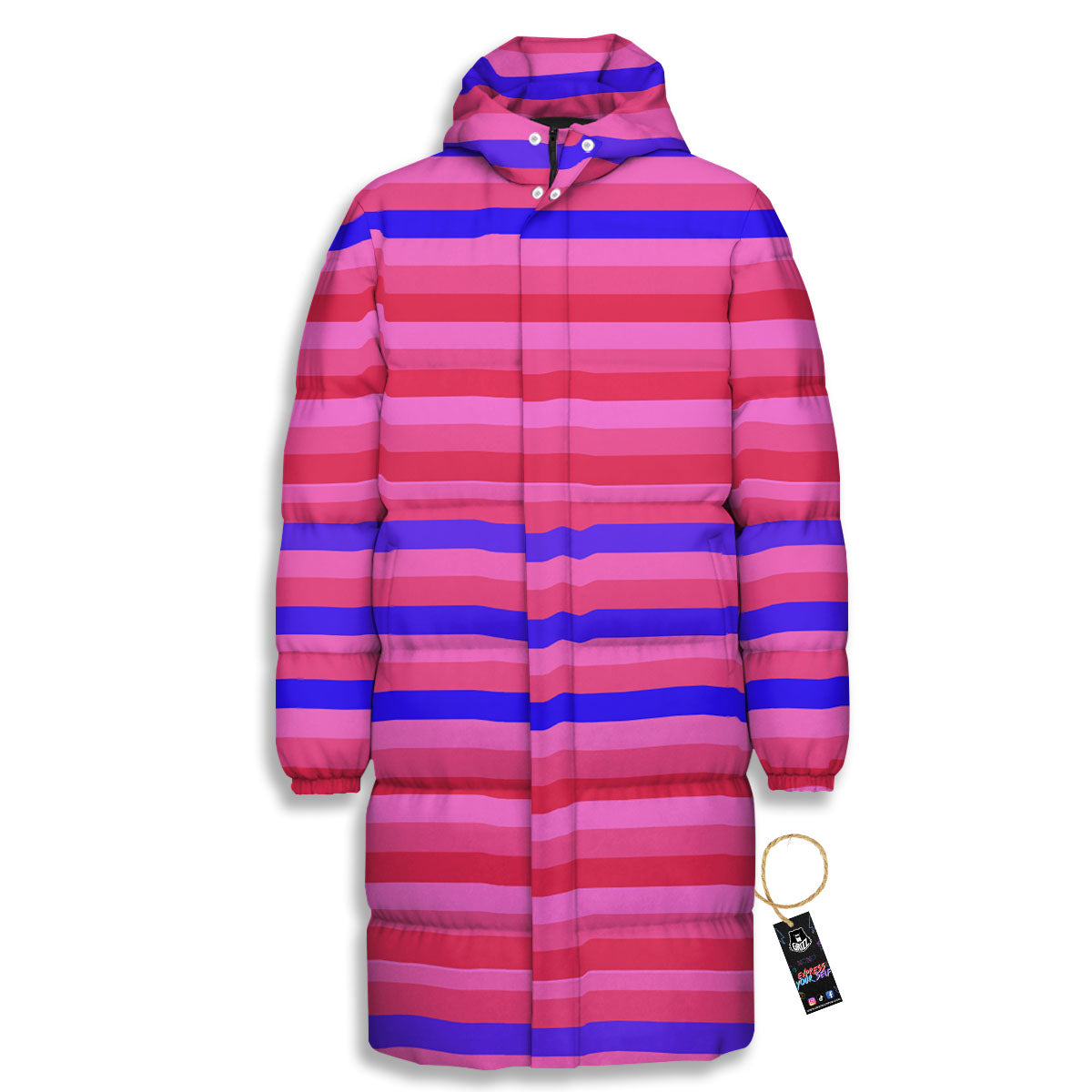 Stripes Pink Red And Blue Print Long Down Jacket-grizzshop