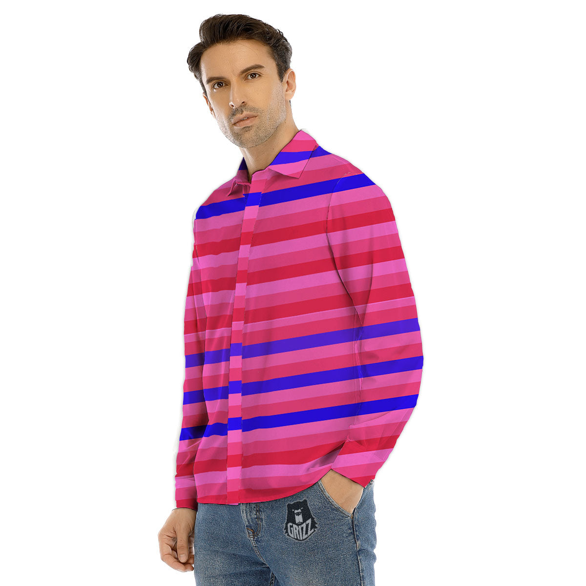 Stripes Pink Red And Blue Print Men's Dress Shirts-grizzshop