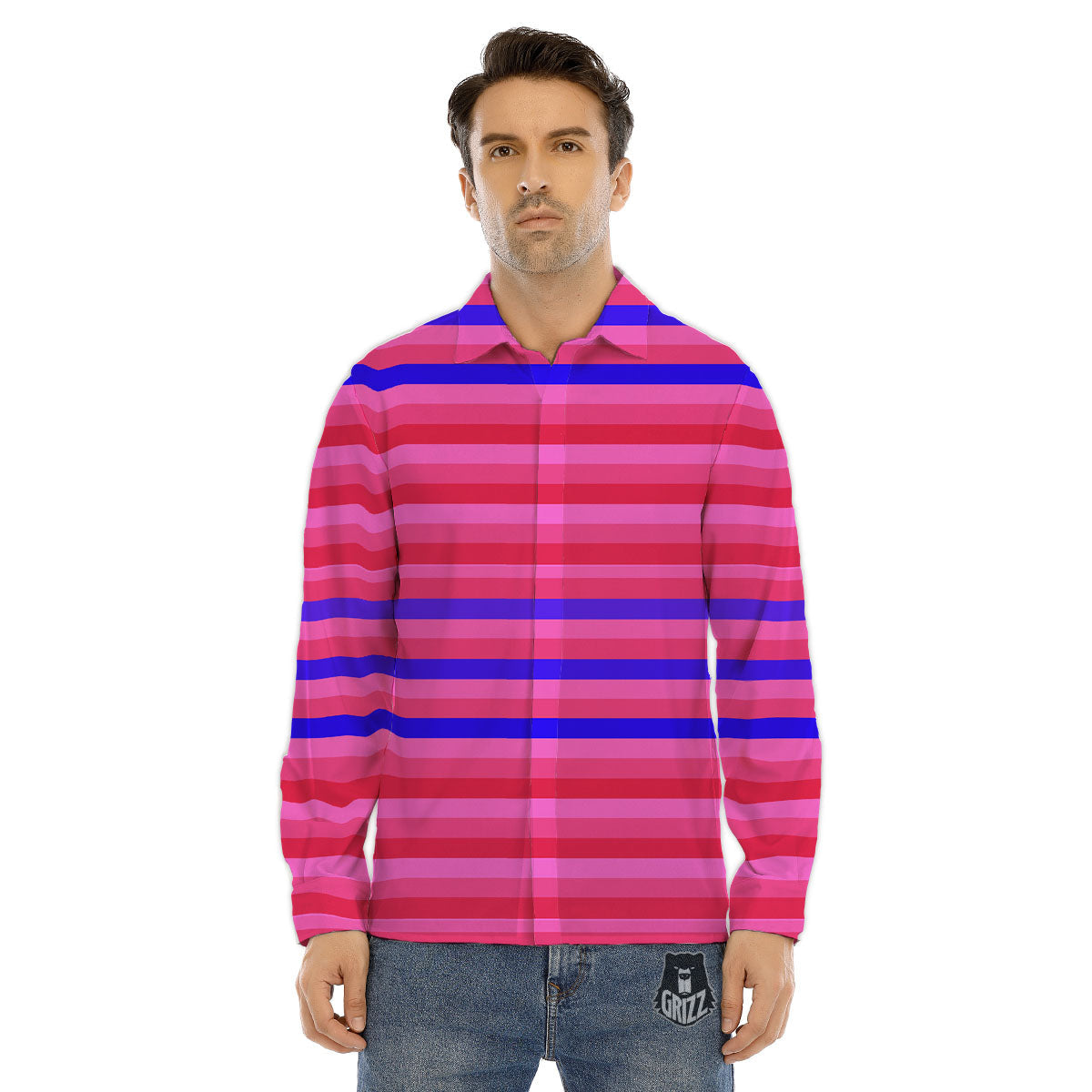 Stripes Pink Red And Blue Print Men's Dress Shirts-grizzshop