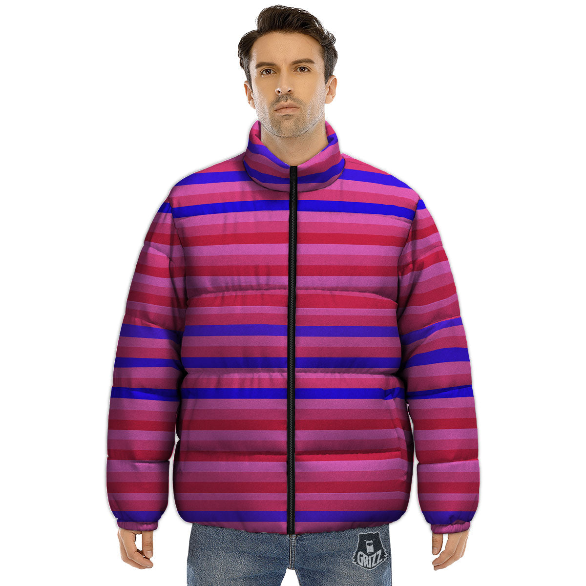 Stripes Pink Red And Blue Print Puffer Jacket-grizzshop