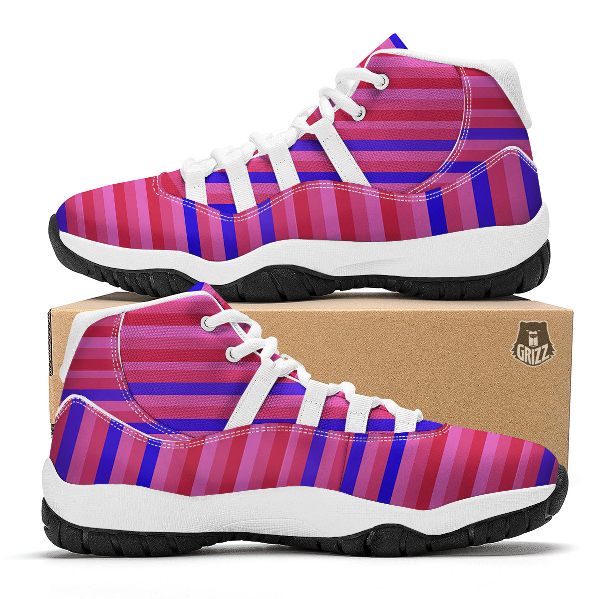 Stripes Pink Red And Blue Print White Bball Shoes-grizzshop