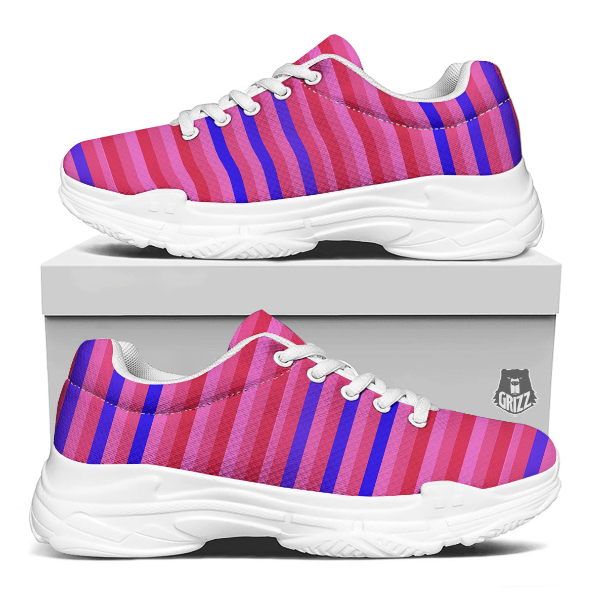 Stripes Pink Red And Blue Print White Chunky Shoes-grizzshop