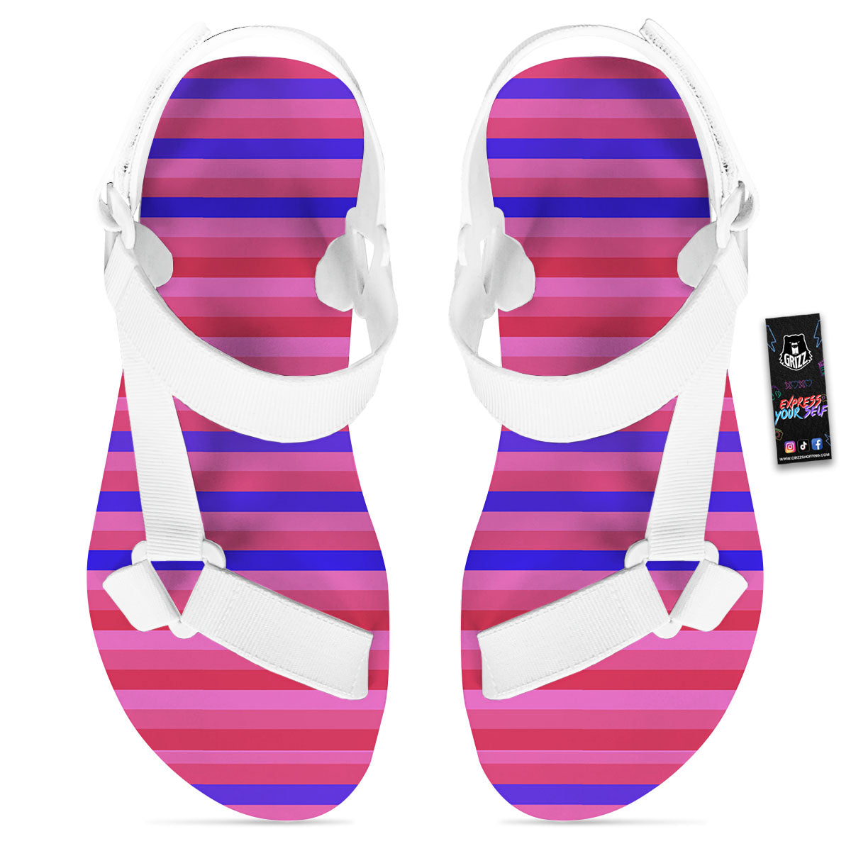 Stripes Pink Red And Blue Print White Open Toe Sandals-grizzshop